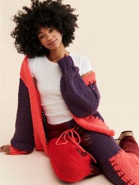 SAACHI Colorblock Chunky Knit Patchwork Cardigan Size Medium